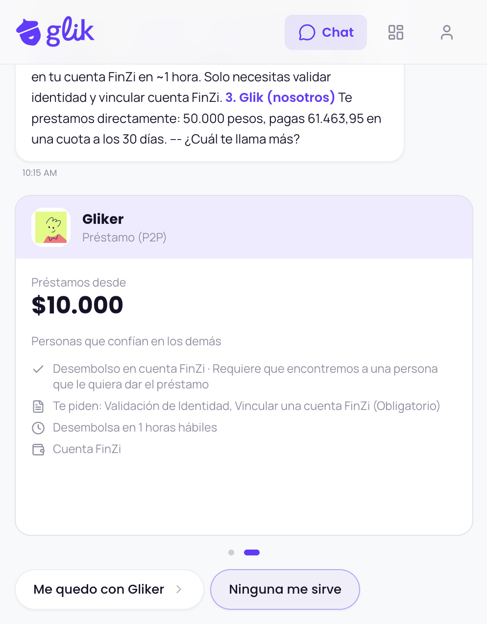 Chat de Glik mostrando opciones de crédito de varias entidades